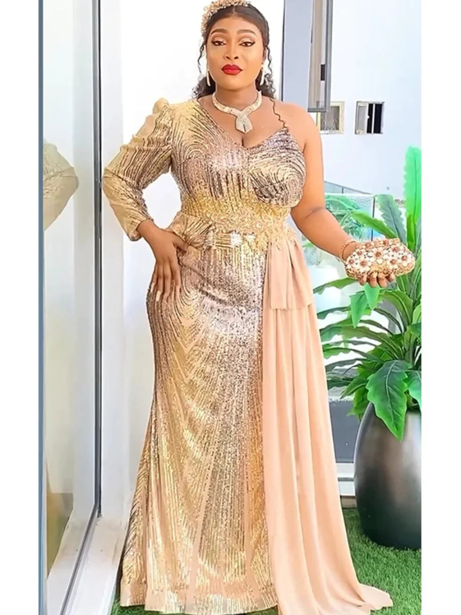 Plus size African sequin evening party dress with long dashiki-inspired design, featuring vibrant patterns and elegant style.