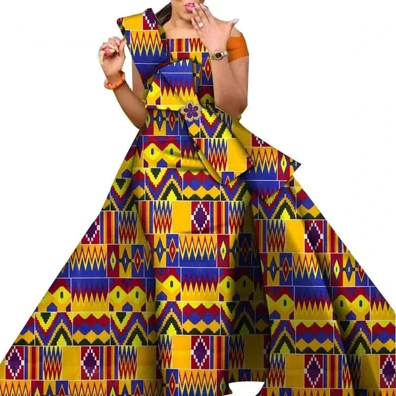 African print cotton Danshiki skirt by Wingfei, traditional wedding dress with vibrant colors and intricate African patterns.