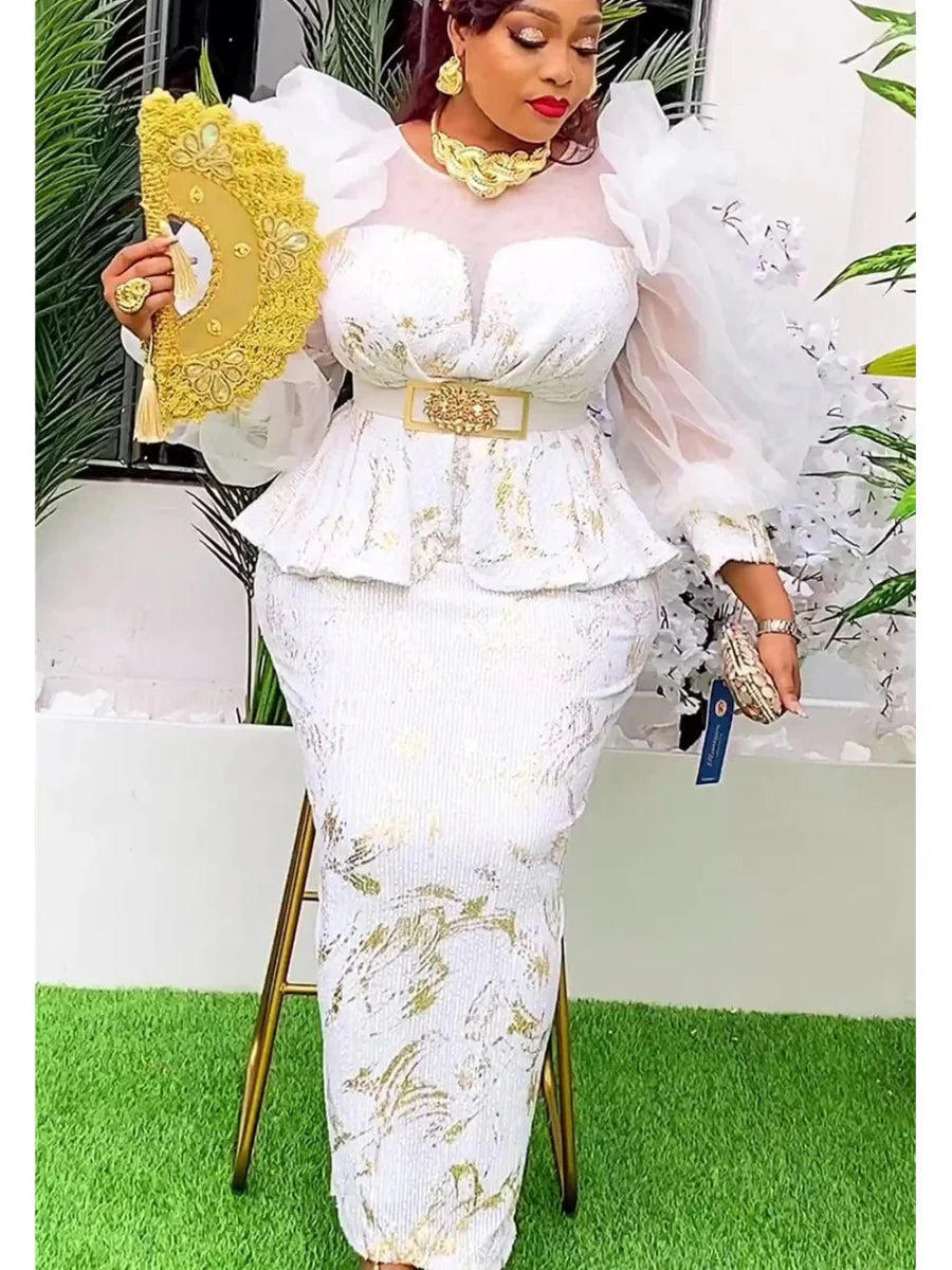 Plus size African sequin evening party dress featuring dashiki style and vibrant ankara patterns, stylish long African robe for women.