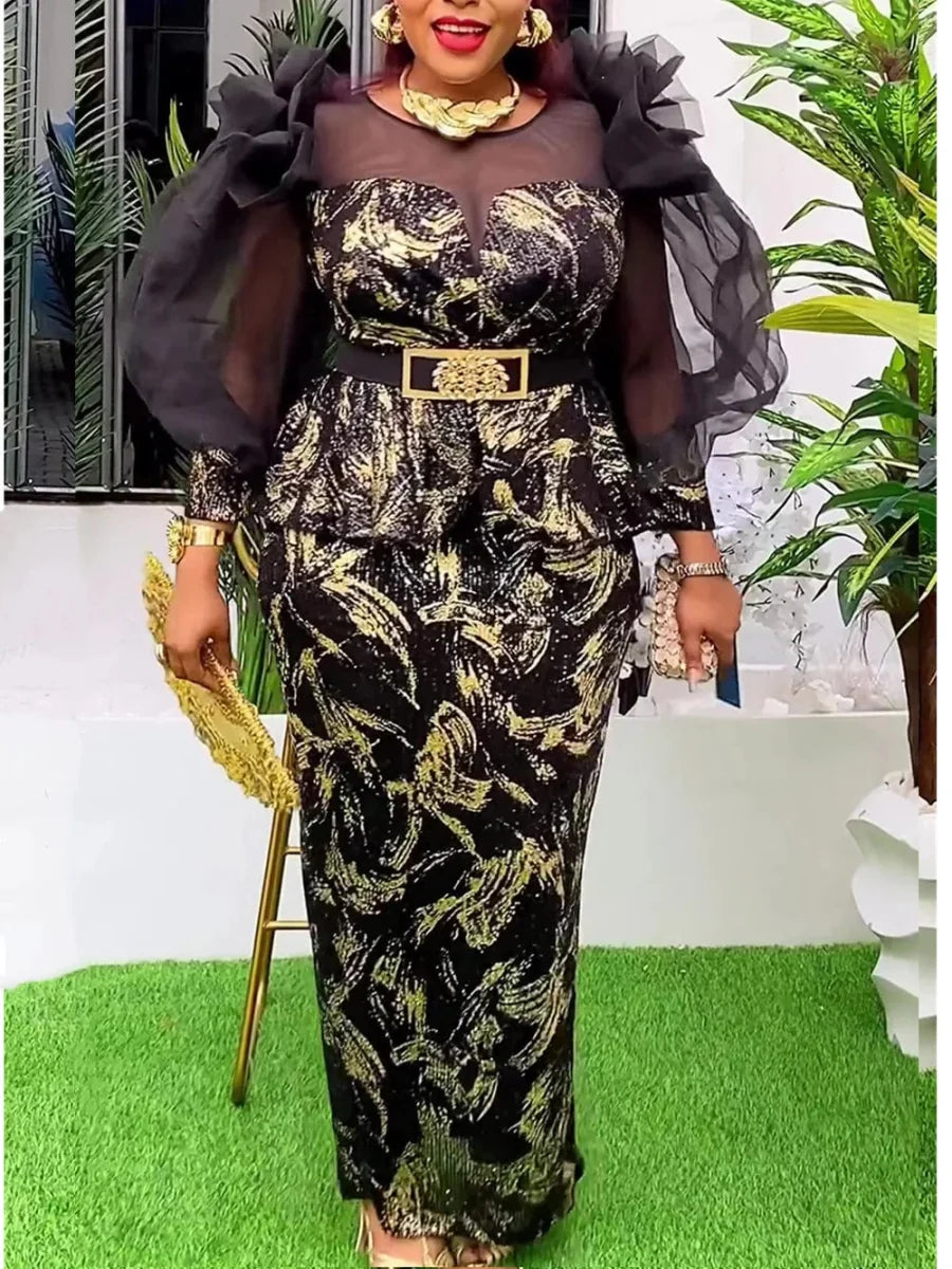 Plus size African sequin evening party dress by SHOWLU FASHION, featuring dashiki style, long length, and vibrant Ankara-inspired design.