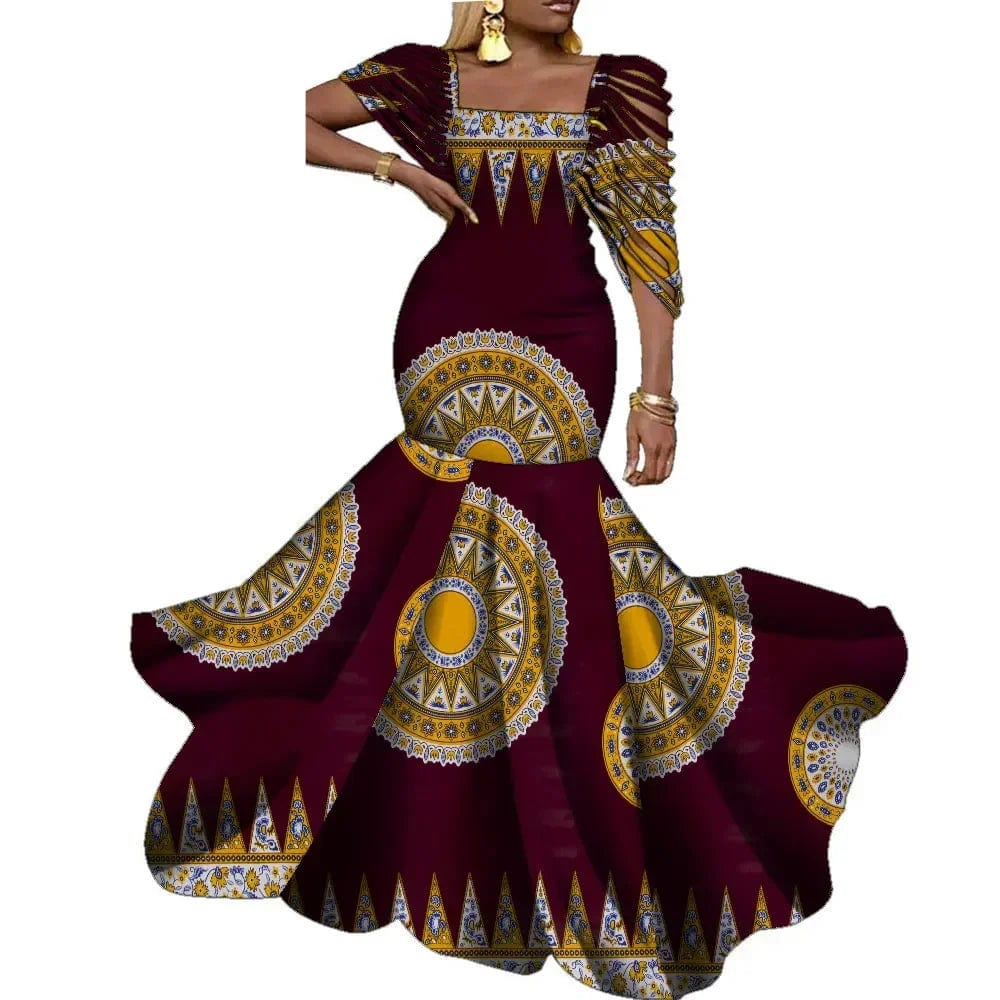 African wax print long dress by Wingfei, elegant cotton wedding party attire with vibrant African-inspired patterns for women.