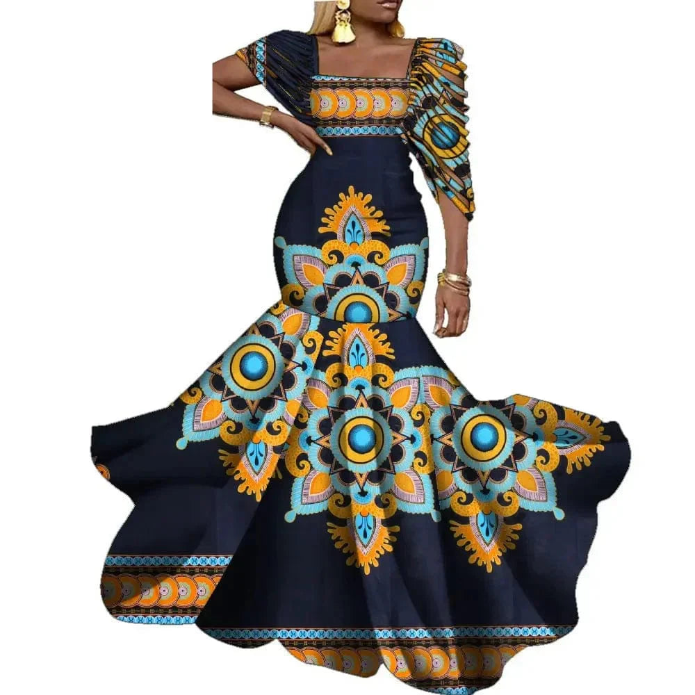 African Wax Print long dress by Wingfei, elegant cotton wedding and party dress for women with vibrant wax print design.