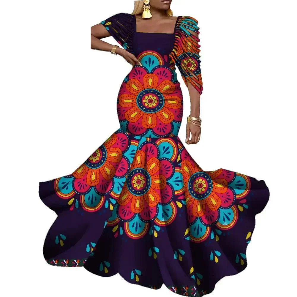 Elegant Wingfei African wax print long dress for women, showcasing vibrant cotton fabric suitable for wedding and party occasions.