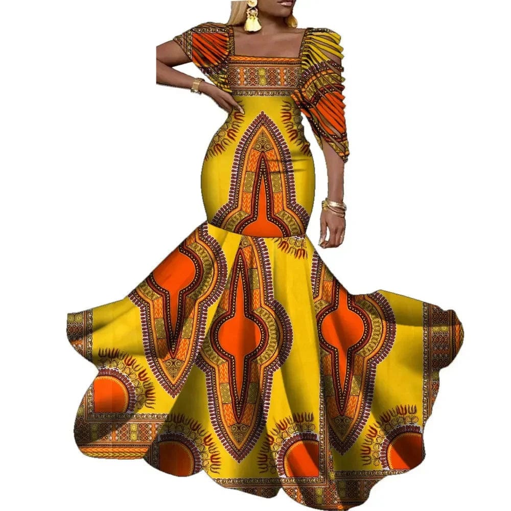 African wax print long dress by Wingfei, elegant cotton wedding party attire with vibrant patterns and plus-size fit for women.