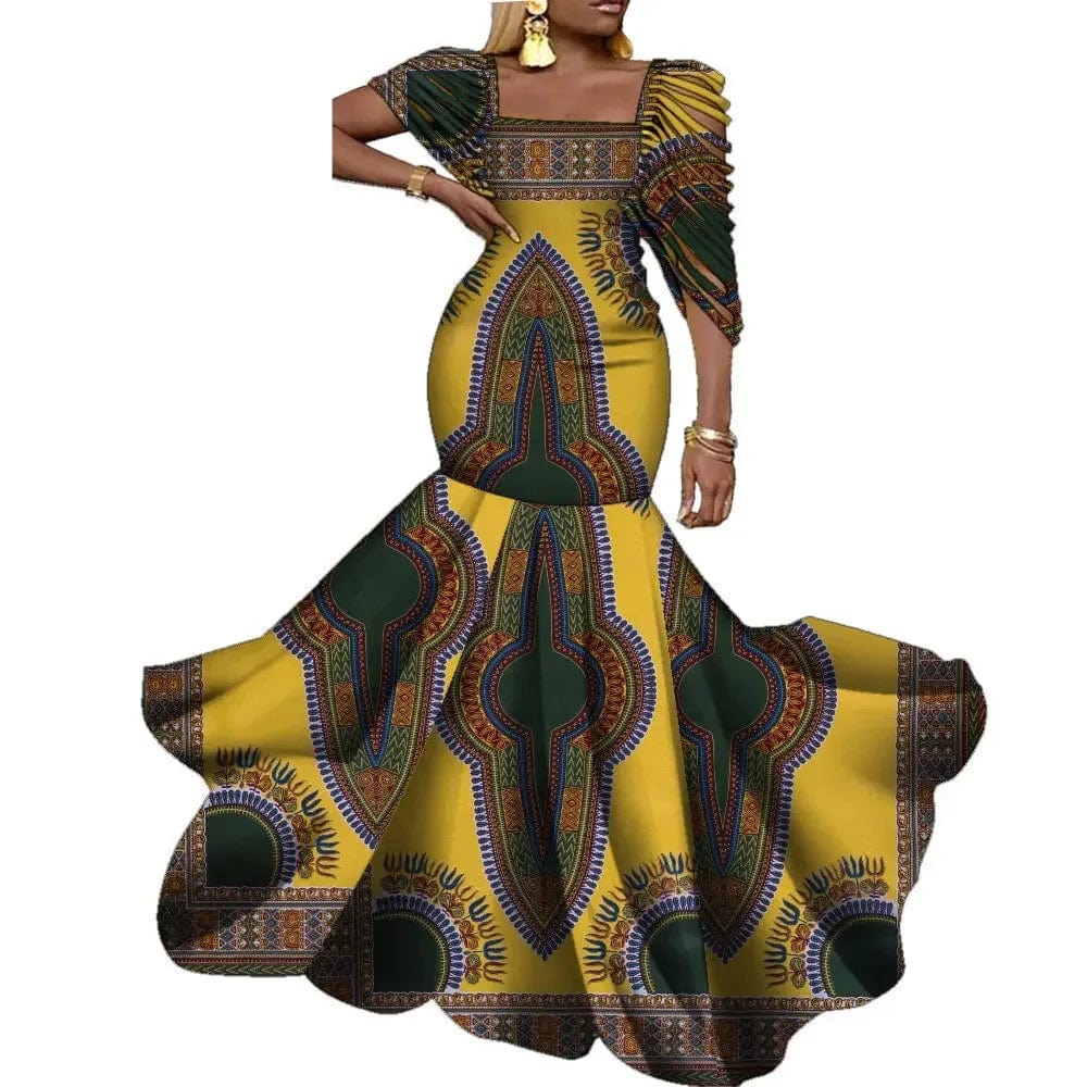 African wax print long dress by Wingfei featuring elegant cotton fabric, perfect for wedding or party occasions.