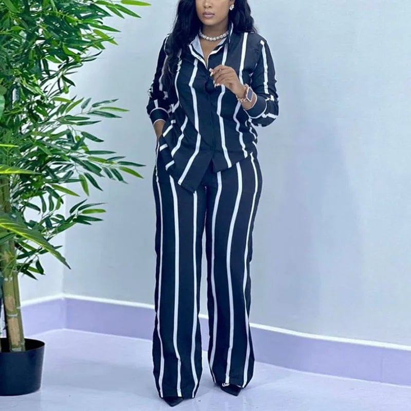 African Fashion Stripe Two Piece Set Women Spring Autumn Casual Button Long Sleeved Shirt Wide Leg Pants Two Piece Set Women - SHOWLU FASHION STORE