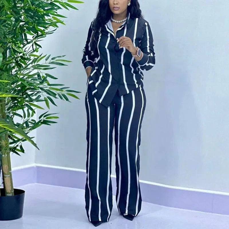 African-inspired AYLU women's stripe two-piece set featuring a long sleeve button shirt and wide-leg pants for casual spring and autumn wear