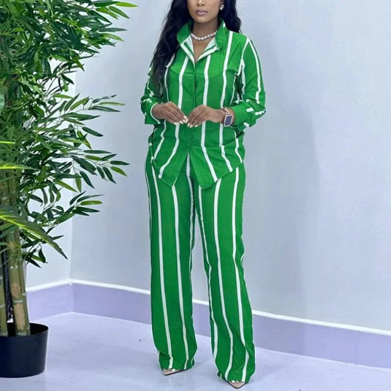 African-inspired women's stripe two-piece set with long sleeve shirt and wide-leg pants, casual spring-autumn outfit, SHOWLU FASHION.