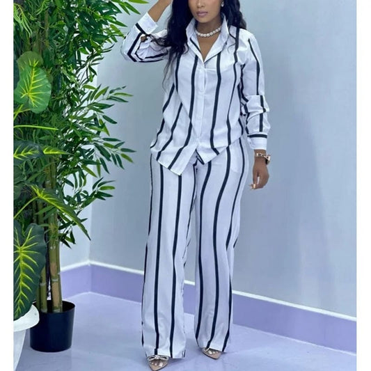 African Fashion Stripe Two Piece Set Women Spring Autumn Casual Button Long Sleeved Shirt Wide Leg Pants Two Piece Set Women - SHOWLU FASHION STORE