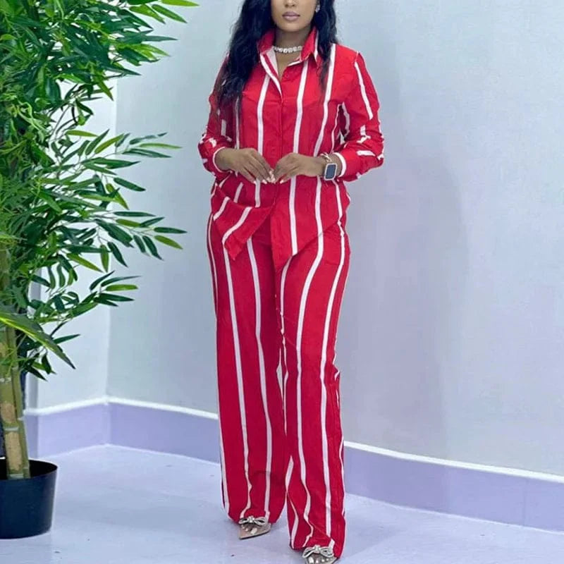 AYLU women's stripe two-piece set with long sleeve shirt and wide-leg pants, ideal for casual spring or autumn wear.