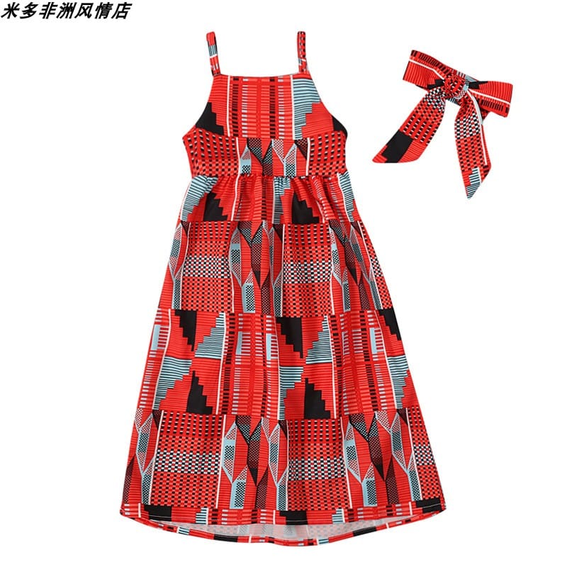 Showlu Fashion girls' African Korean style short sleeve summer dress with vibrant patterns and lightweight fabric.