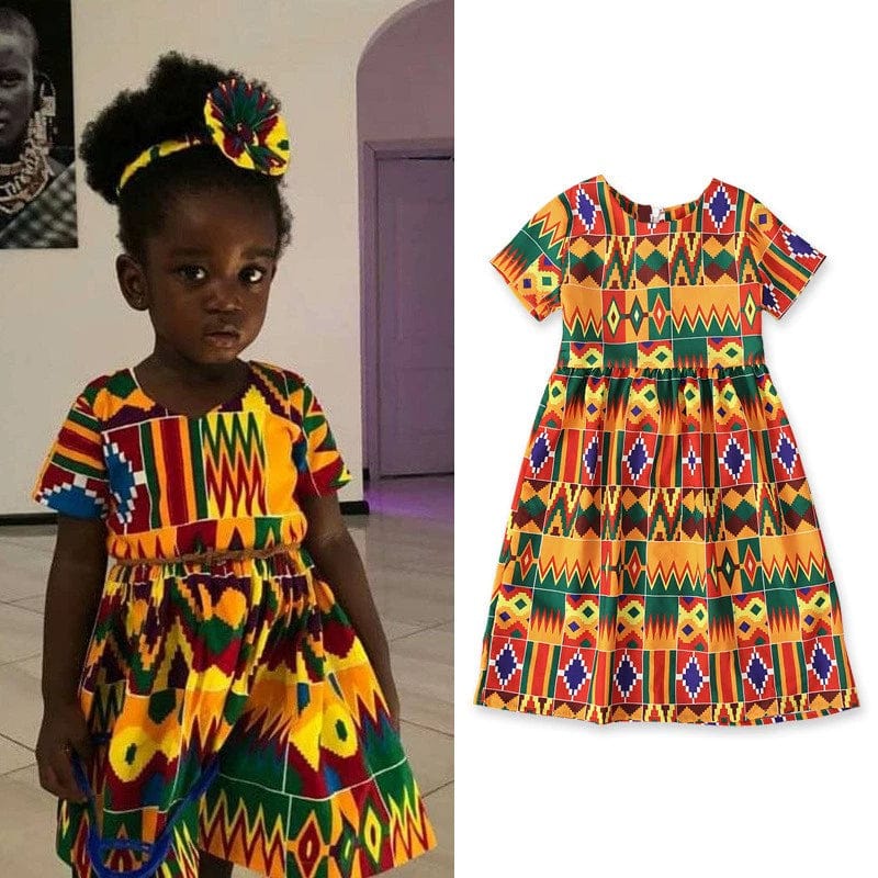 Showlu Fashion girls' African Korean style short sleeve summer dress with colorful patterns, lightweight and comfortable for children.