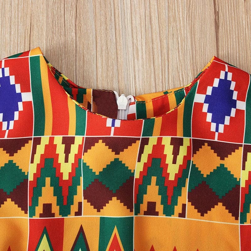 African Korean style short sleeve summer dress for girls, vibrant fabric, and playful design by Showlu Fashion for children's clothing.