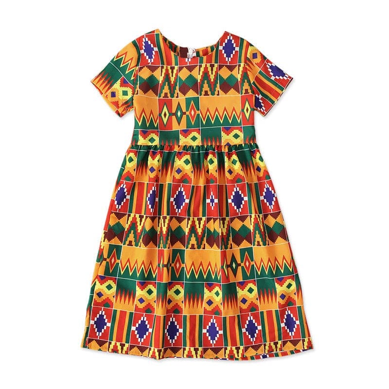 African and Korean style girls' summer dress with short sleeves, featuring vibrant patterns and lightweight fabric for warm weather.