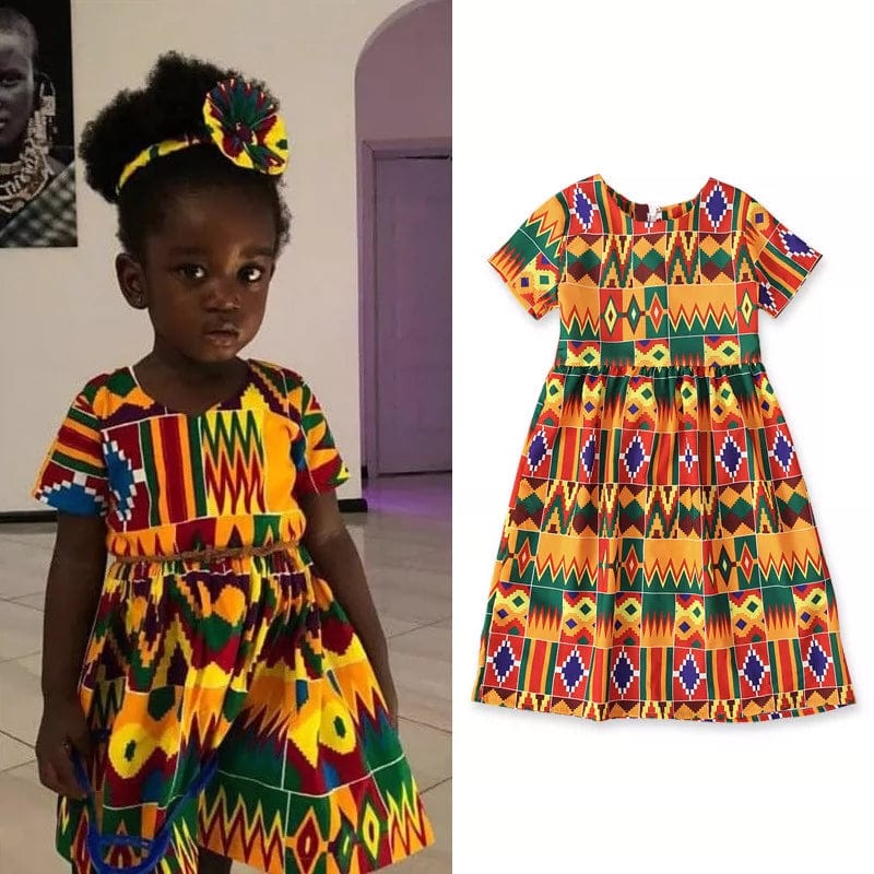 Showlu Fashion girls' African Korean style short sleeve summer dress with vibrant patterns for children.