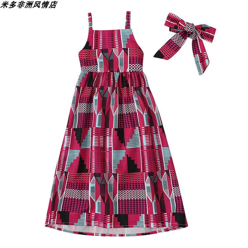 Showlu Fashion girls' African Korean style short sleeve summer dress with vibrant patterns and flowy design for children.