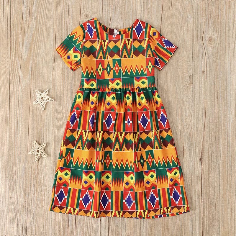 Showlu Fashion girls' African Korean style short sleeve summer dress with vibrant patterns and a comfortable fit for children.
