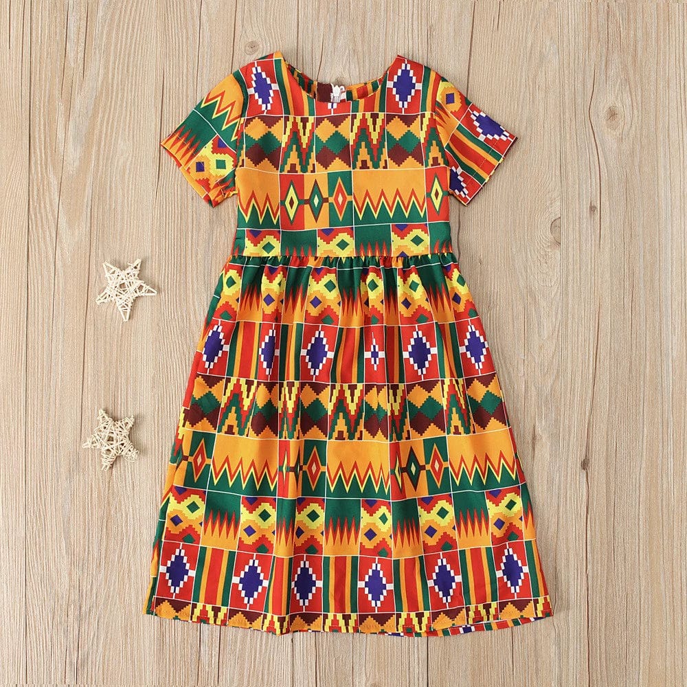 Showlu Fashion girls' African Korean style short sleeve summer dress, colorful, flowy, and suitable for children's warm-weather wear.