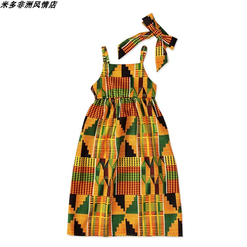 Showlu Fashion girls' African Korean style short-sleeve summer dress with colorful patterns for children.