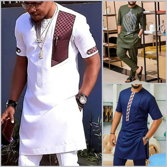 African Men Traditional Costume Dashiki Formal Outfit Elegant Wedding Suit For Male 2Pc Luxury Brand Clothing Men Abaya Pant Set - SHOWLU FASHION STORE