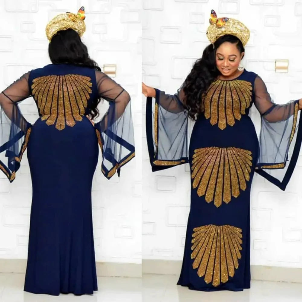 African Gauze Mermaid Dress by SHOWLU FASHION with horn sleeves, diamond stretch fabric, fish tail design, and large size.