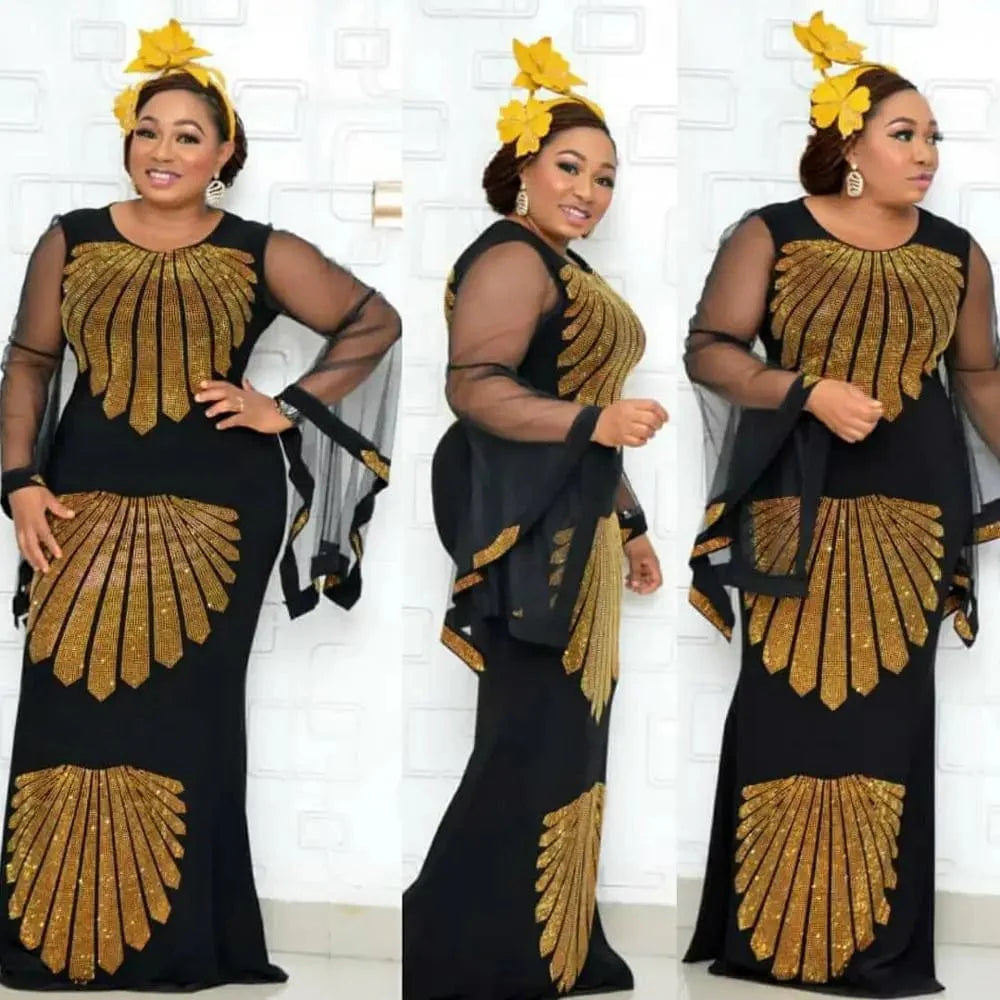 African Gauze Mermaid Dress by SHOWLU FASHION with horn sleeves, diamond stretch fabric, fish tail design, and large size fit.