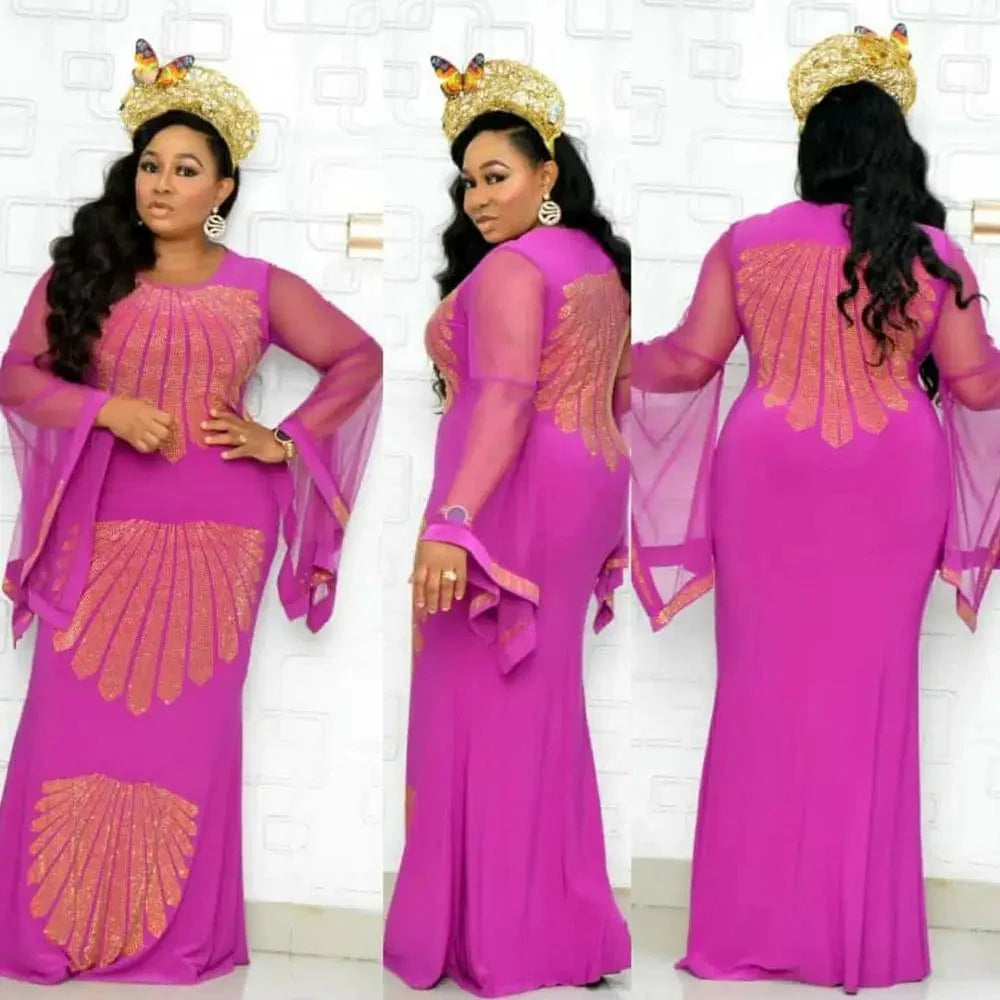 Amunyelia African Gauze Mermaid Dress by SHOWLU FASHION with horn sleeves and diamond stretch fabric, featuring a fish-tail design and large size fit.