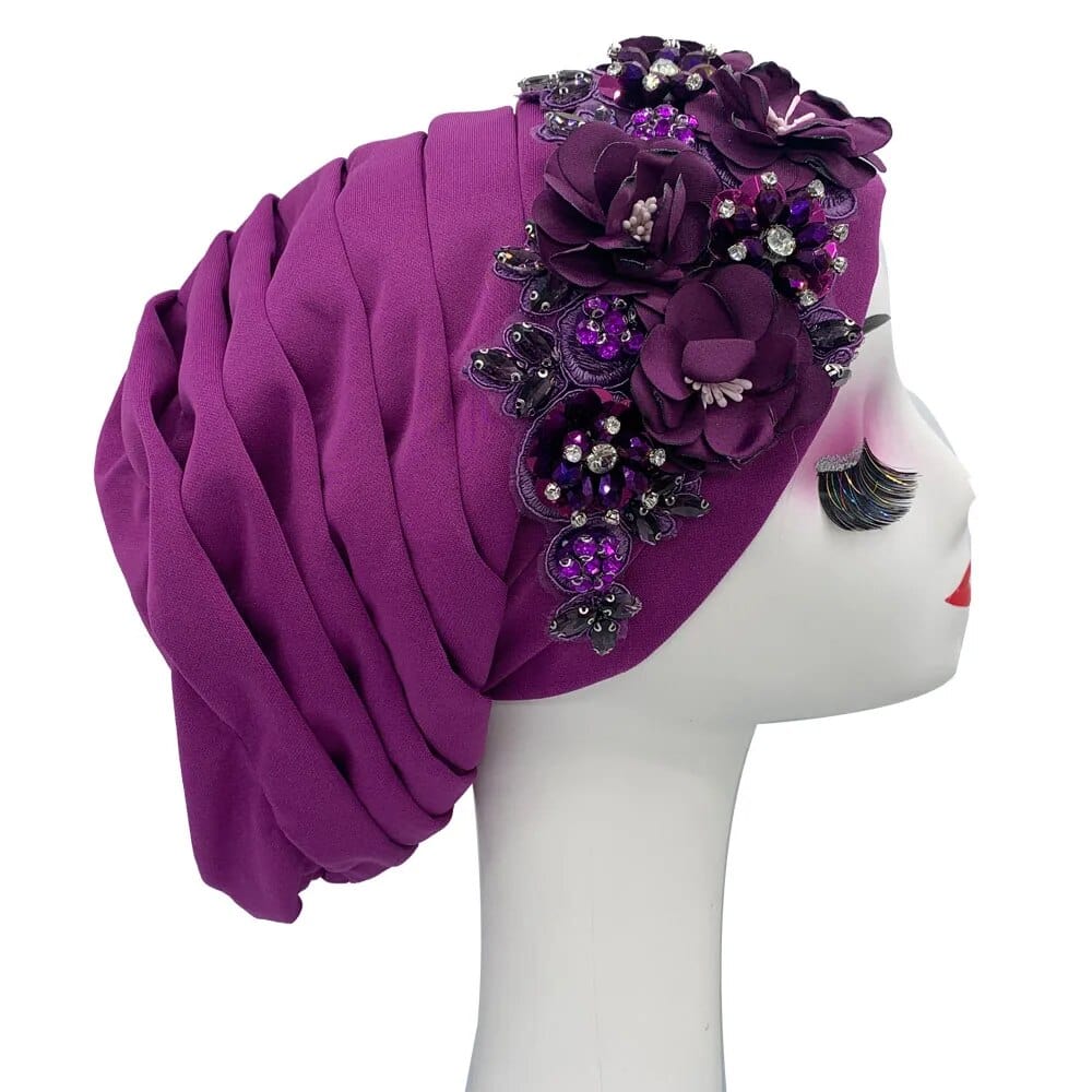 Elegant women's turban cap with floral and diamond embellishments, stylish headwrap for Muslim hijab or African party wear.