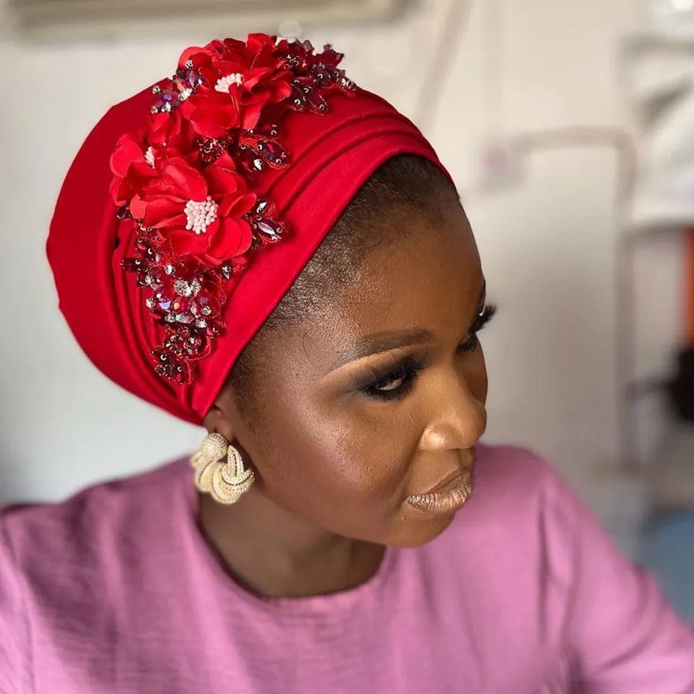 Elegant women's turban cap with floral and diamond accents, showcasing Showlu Fashion's stylish Muslim hijab headwear.