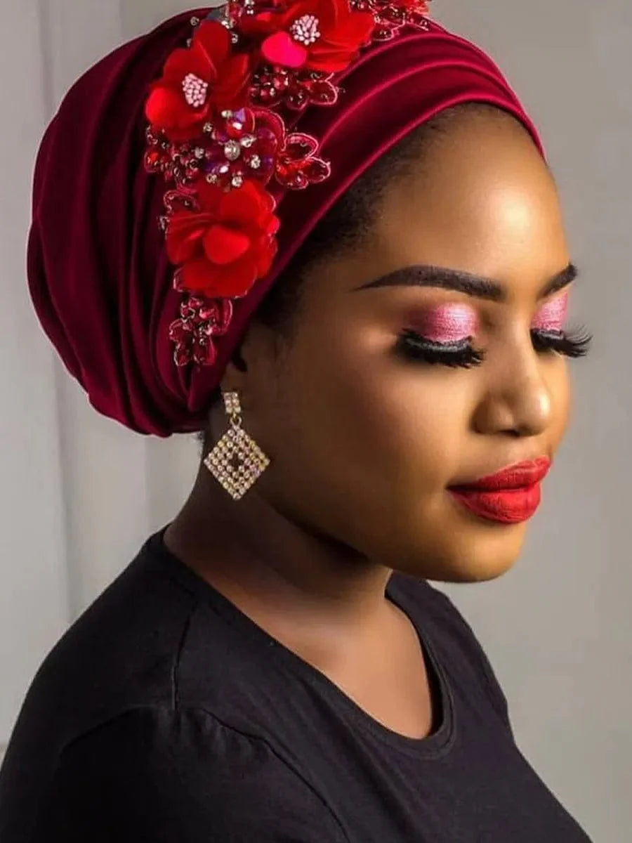 Elegant women's turban cap featuring a floral diamond pattern, stylish headwrap suitable for Muslim hijab or African-party headwear.
