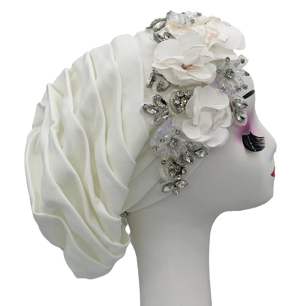 Elegant women's turban cap with floral and diamond embellishments, stylish headwrap for Muslim hijab or fashion wear