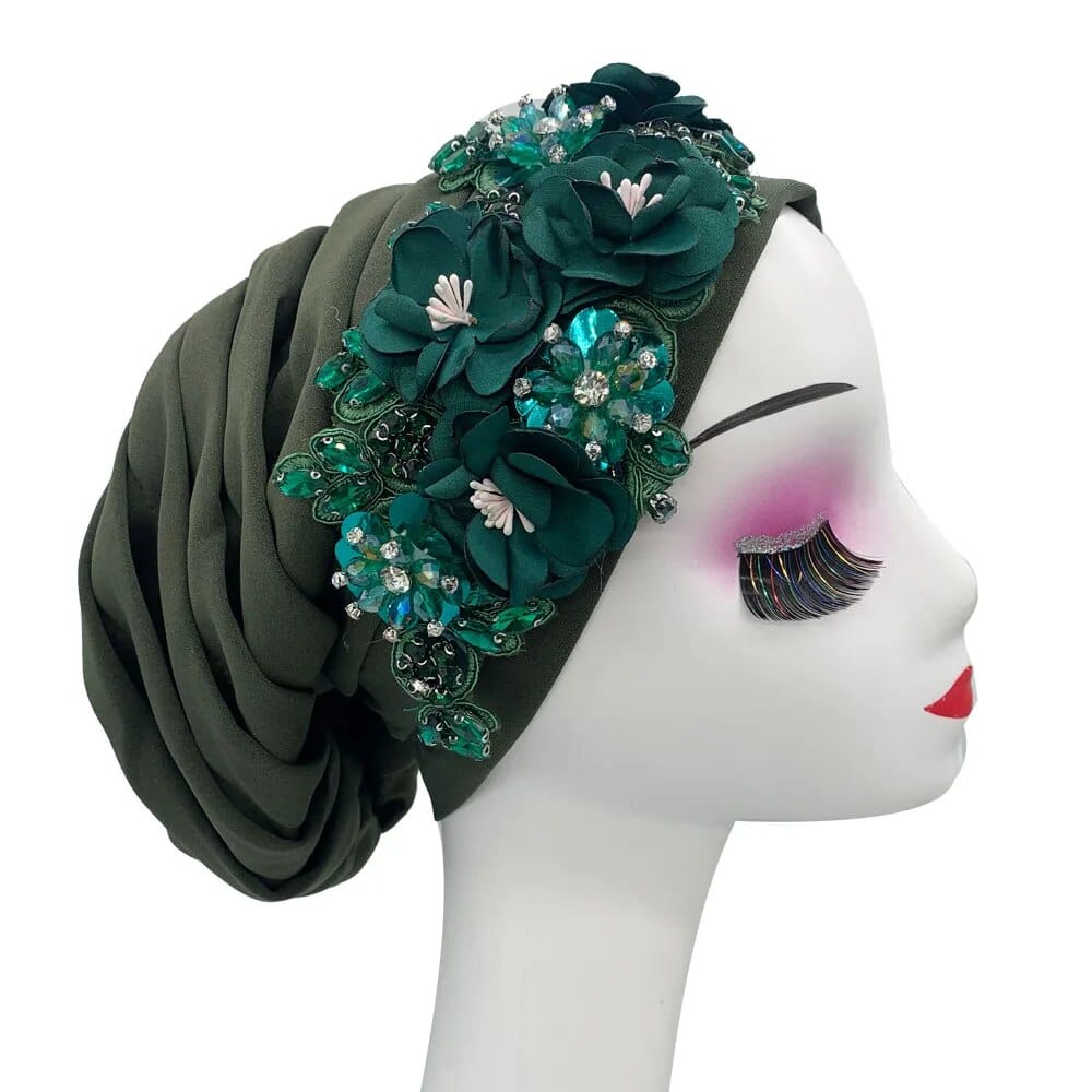 Elegant floral diamond design women's turban cap, Muslim hijab headwear, African party head wrap, Showlu Fashion.