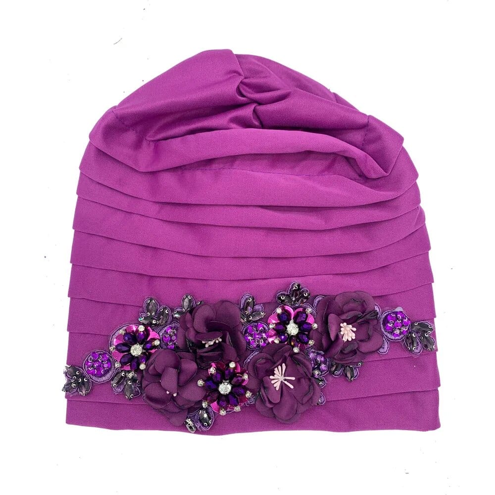 Elegant women's turban cap with floral diamond embellishments, stylish hijab headwear perfect for African party and Muslim fashion.