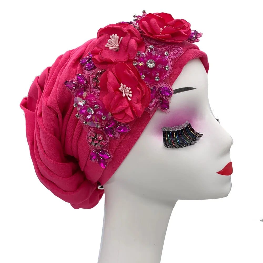 Elegant floral diamond hijab headwear with a turban style, designed for women, featuring a decorative flower and sophisticated wrap.