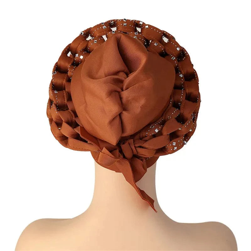 African Autogele headtie by JJYANJIN with glitter diamonds, styled as a women’s turban cap, suitable for traditional and fashionable wear.