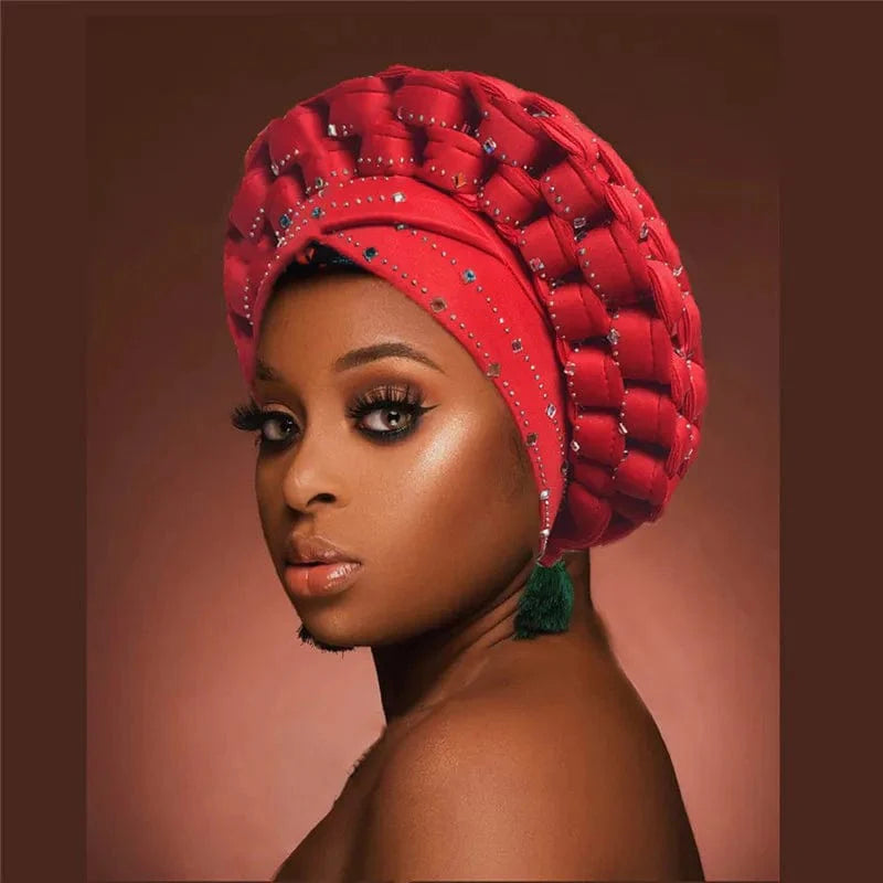 African autogele headtie by Showlu Fashion Store featuring glitter diamonds, stylish turban cap for women.