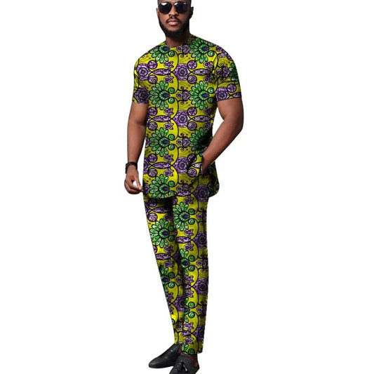 African Tops+Elastic Waist Trousers Male Groom Suit Nigerian Fashion Short Sleeves Men's Sets Party Wear - SHOWLU FASHION STORE