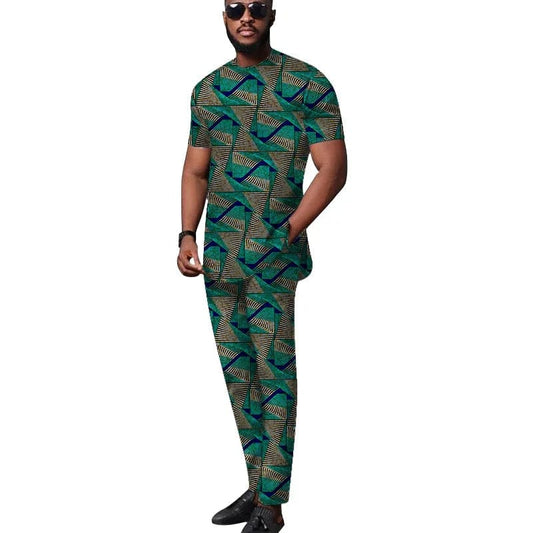 African Tops+Elastic Waist Trousers Male Groom Suit Nigerian Fashion Short Sleeves Men's Sets Party Wear - SHOWLU FASHION STORE