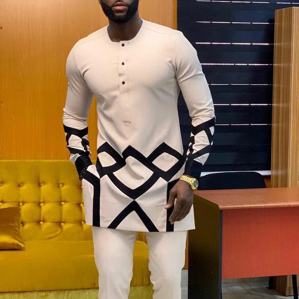 African Traditional Men Suit Printed Shirt Top Elastic Waist Pants White Wedding 2 Piece Set Outfits Ethnic Style Costumes - SHOWLU FASHION STORE