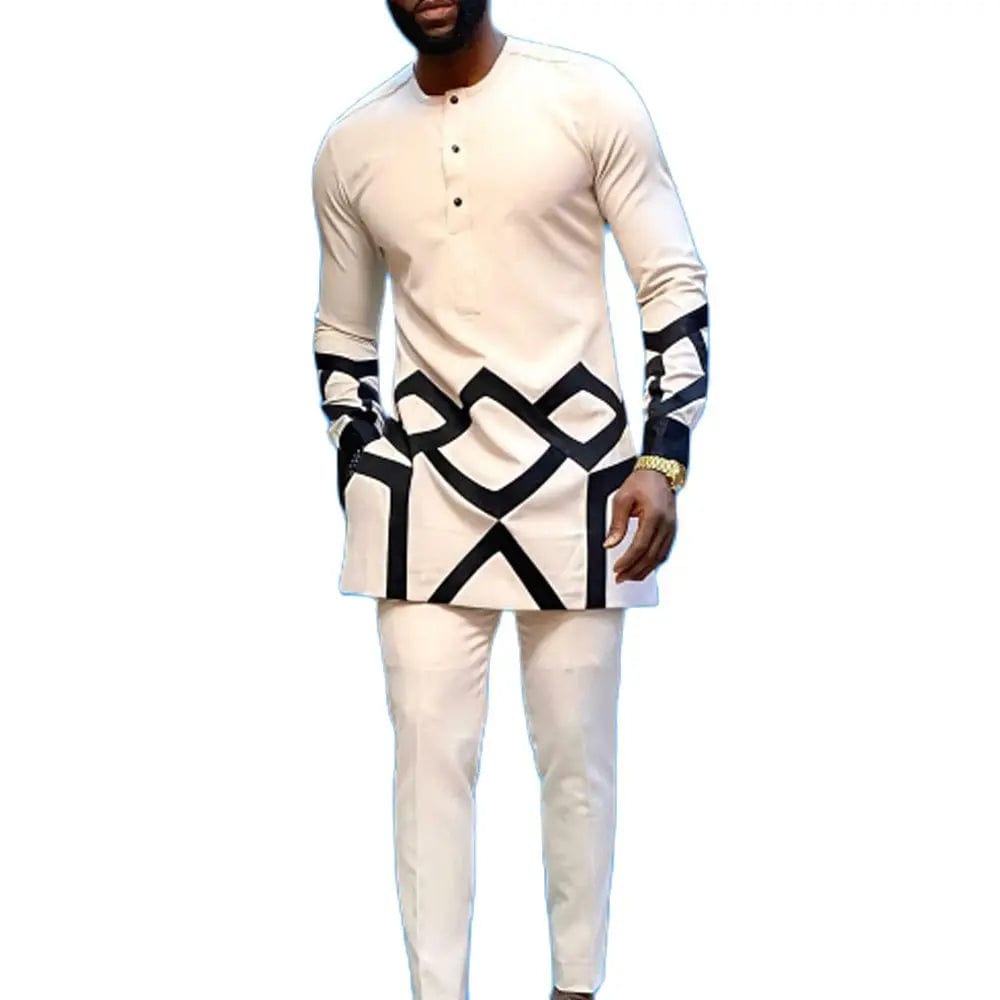 African Traditional Men Suit Printed Shirt Top Elastic Waist Pants White Wedding 2 Piece Set Outfits Ethnic Style Costumes - SHOWLU FASHION STORE