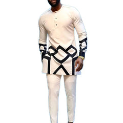 African Traditional Men Suit Printed Shirt Top Elastic Waist Pants White Wedding 2 Piece Set Outfits Ethnic Style Costumes - SHOWLU FASHION STORE