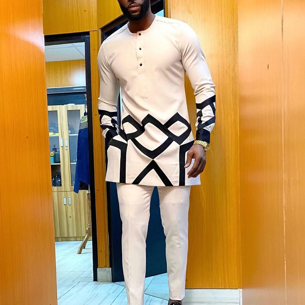 African Traditional Men Suit Printed Shirt Top Elastic Waist Pants White Wedding 2 Piece Set Outfits Ethnic Style Costumes - SHOWLU FASHION STORE