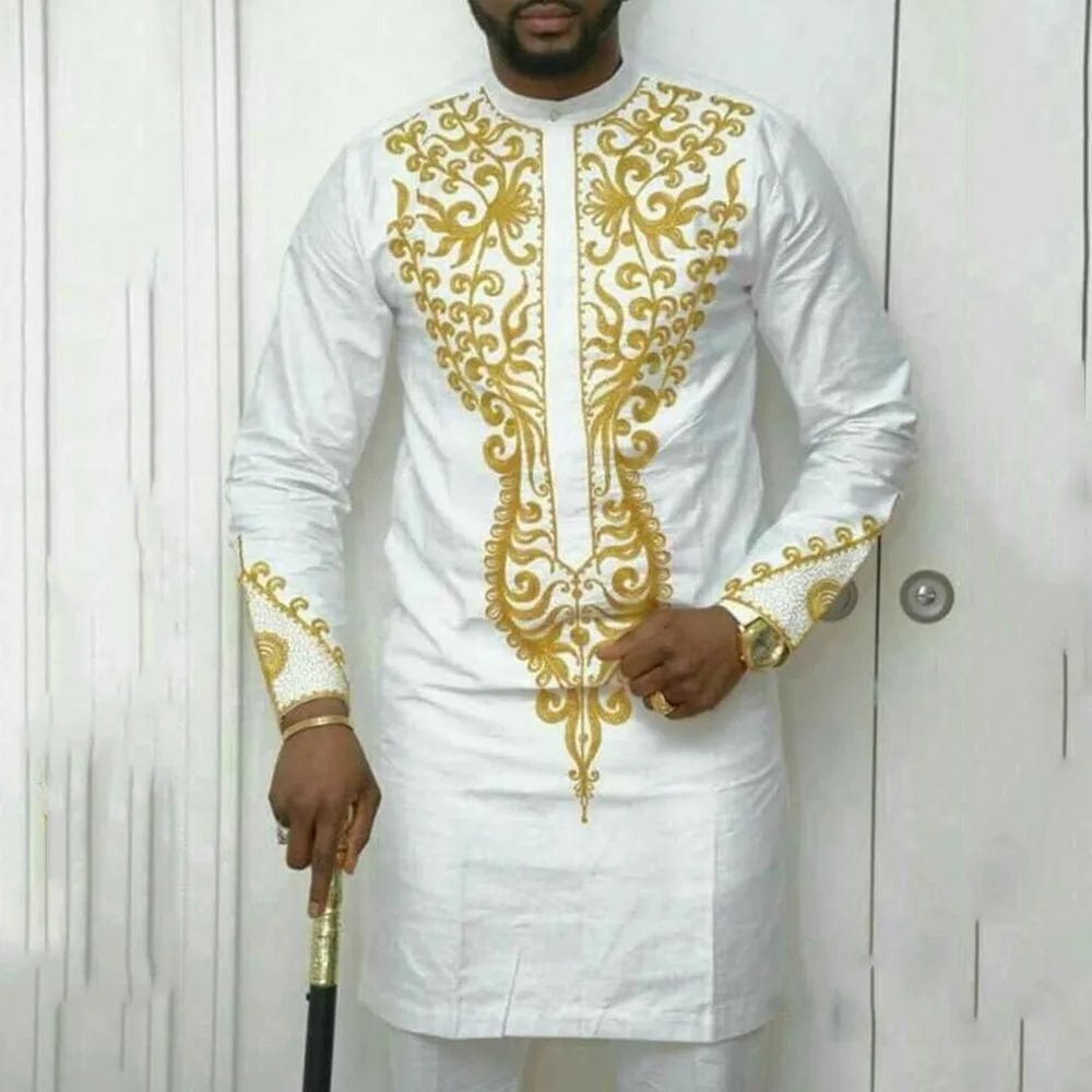 African Traditional Men Suit Printed Shirt Top Elastic Waist Pants White Wedding 2 Piece Set Outfits Ethnic Style Costumes - SHOWLU FASHION STORE