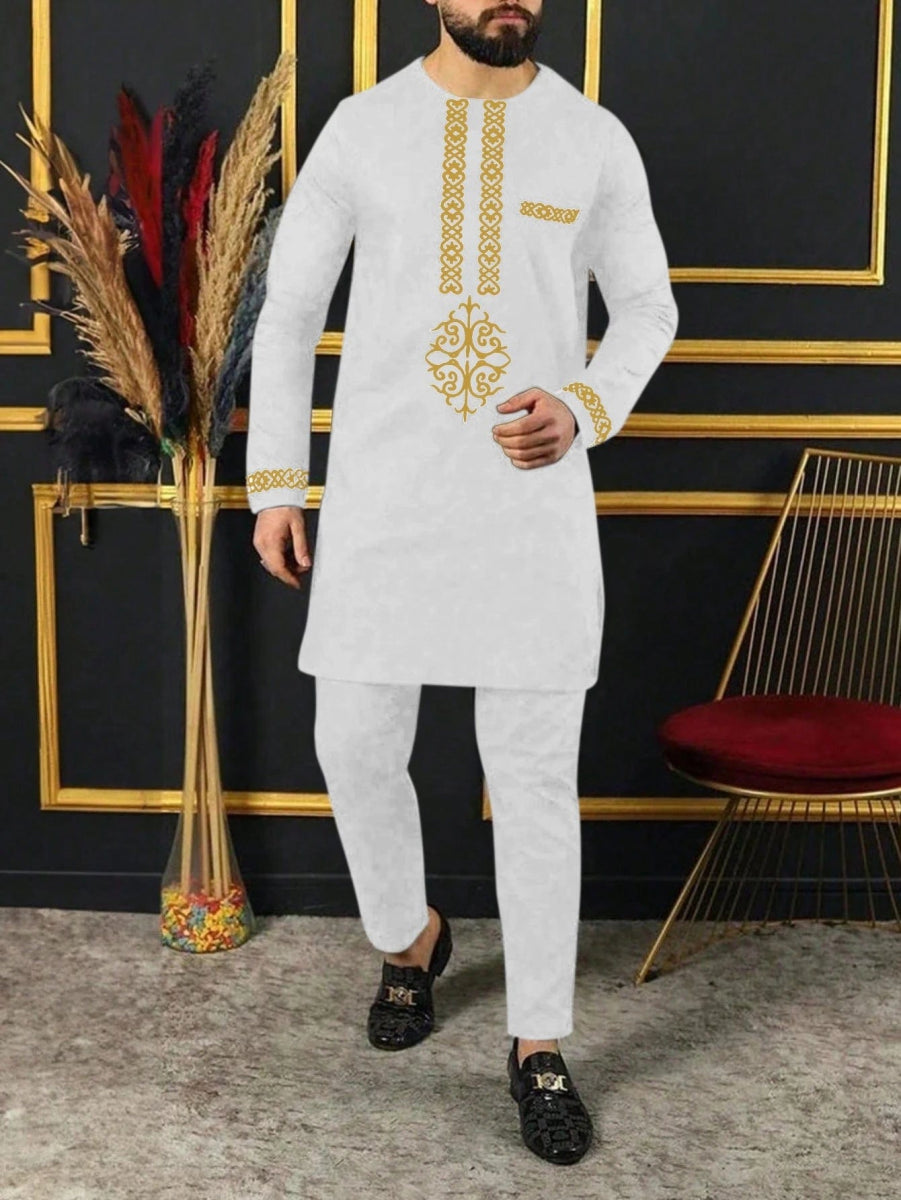 African Traditional Men Suit Printed Shirt Top Elastic Waist Pants White Wedding 2 Piece Set Outfits Ethnic Style Costumes - SHOWLU FASHION STORE