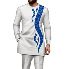 African Traditional Men Suit Printed Shirt Top Elastic Waist Pants White Wedding 2 Piece Set Outfits Ethnic Style Costumes - SHOWLU FASHION STORE