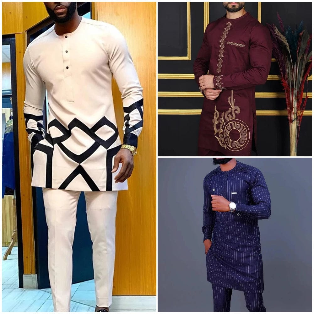 African Traditional Men Suit Printed Shirt Top Elastic Waist Pants White Wedding 2 Piece Set Outfits Ethnic Style Costumes - SHOWLU FASHION STORE