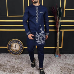 African Traditional Men Suit Printed Shirt Top Elastic Waist Pants White Wedding 2 Piece Set Outfits Ethnic Style Costumes - SHOWLU FASHION STORE