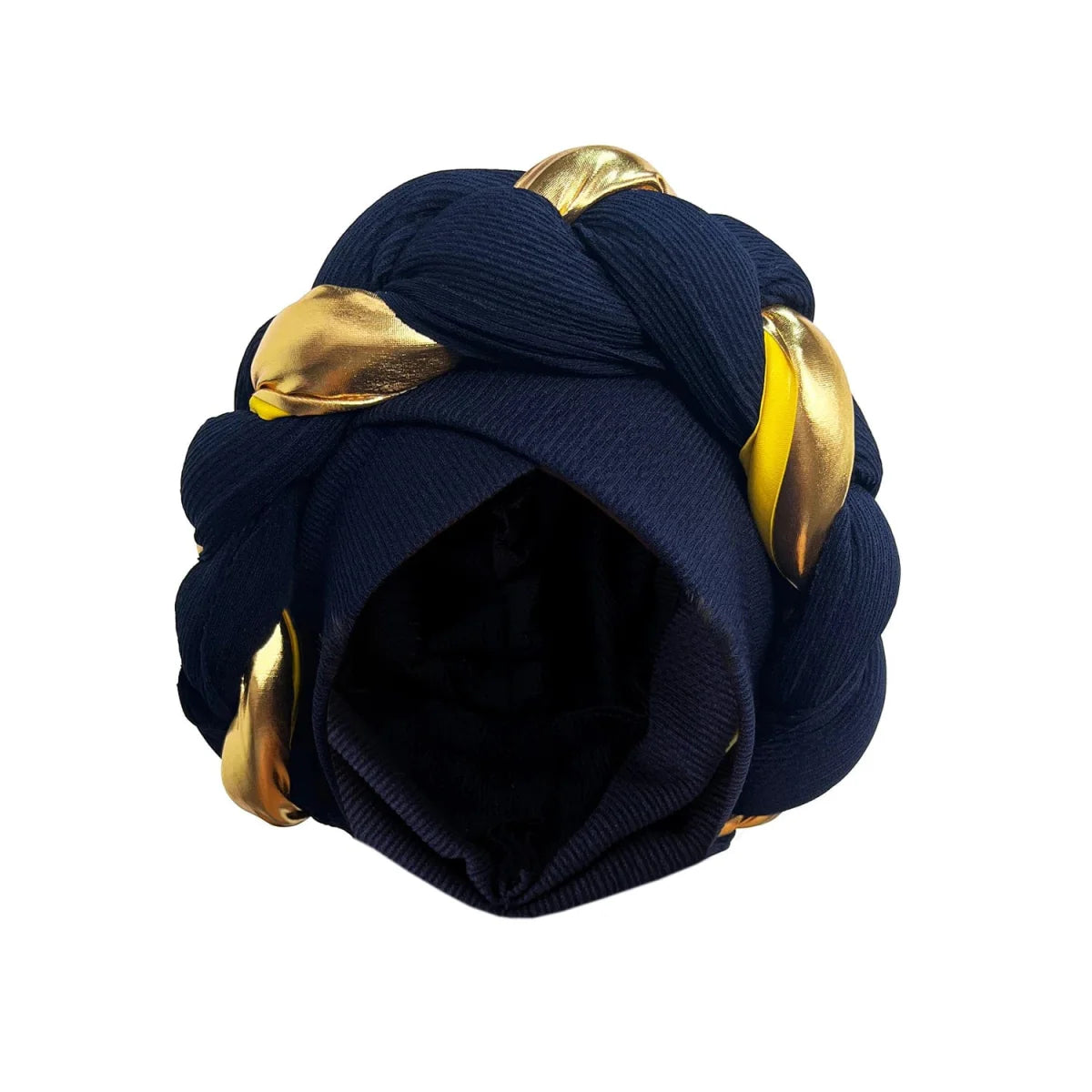 African turban cap with pleated design, styled as a Muslim hijab and Arab hair accessory, worn by women for cultural fashion.