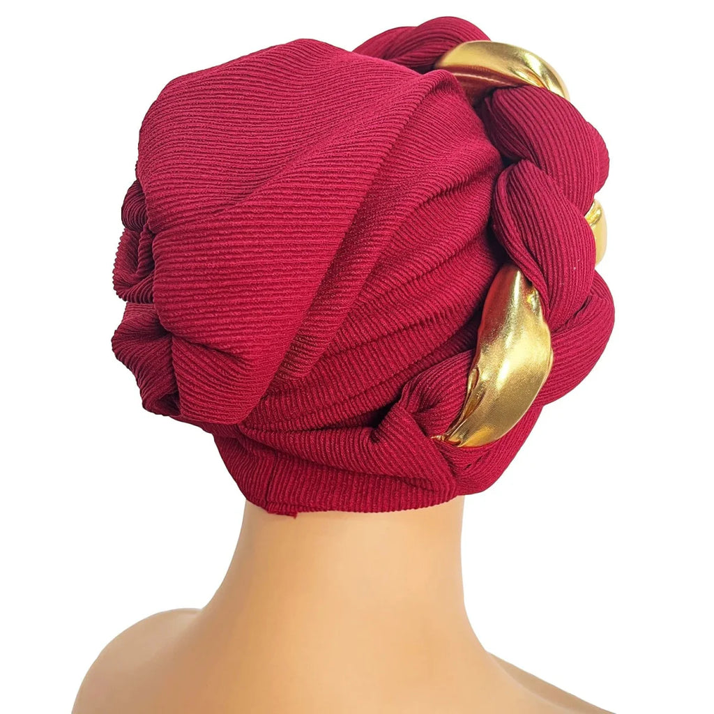 African turban cap with pleated design, stylish Muslim hijab and Arab hair accessory, worn by women for cultural and fashion purposes.
