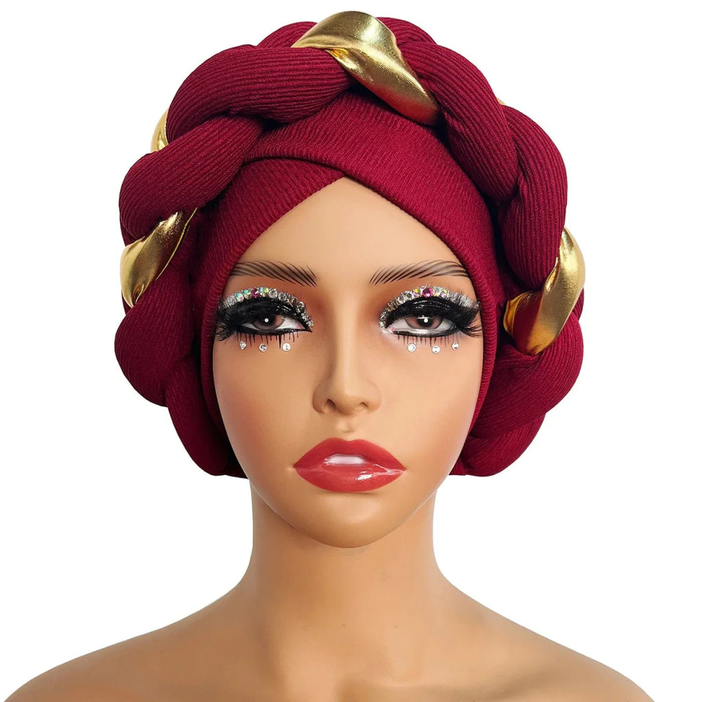 Showlu African Turban Cap with pleated design, a Muslim hijab and hair accessory for women, featuring wrapped Arab style.